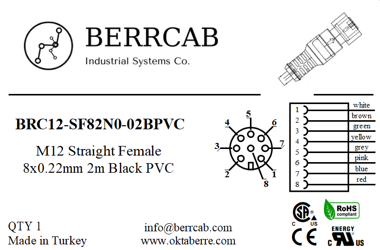 BRC12-SF82N0-02BPVC | Berrcab M12 Düz 8 Pin 2 Metre PVC Kablolu Konektör - Sensör/Aktüatör Kablosu