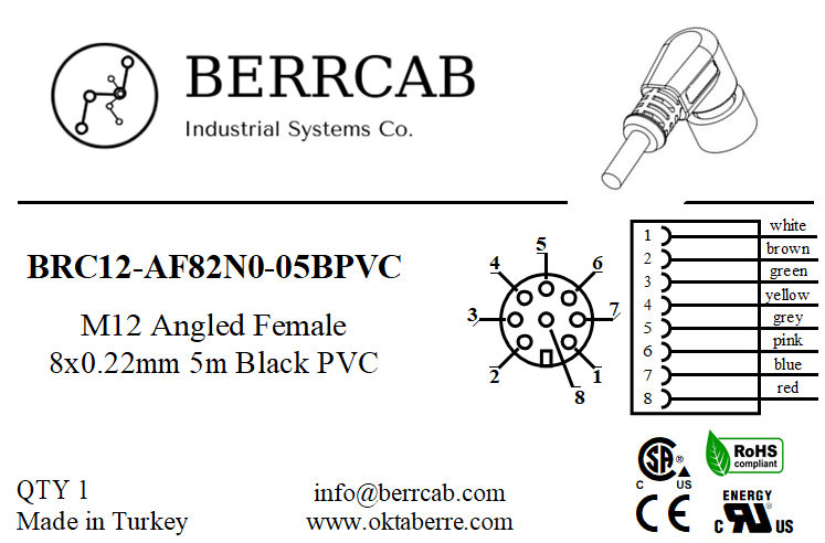 BRC12-AF82N0-05BPVC | Berrcab M12 Açılı 8 Pin 5 Metre PVC Kablolu Konektör - Sensör/Aktüatör Kablosu